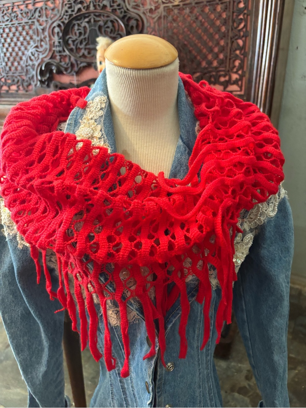 Red Openwork Fringe Knit Scarf